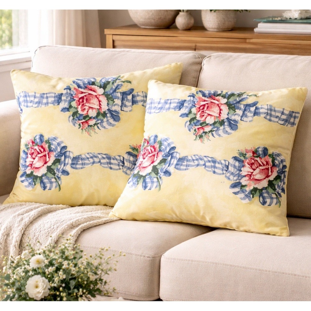 Vintage Floral Gingham Pillow Covers Cottagecore Yellow Blue 19x19 Set 2 Country